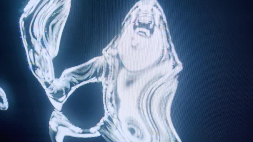 Computer generated digital art is generated to look like liquid flowing