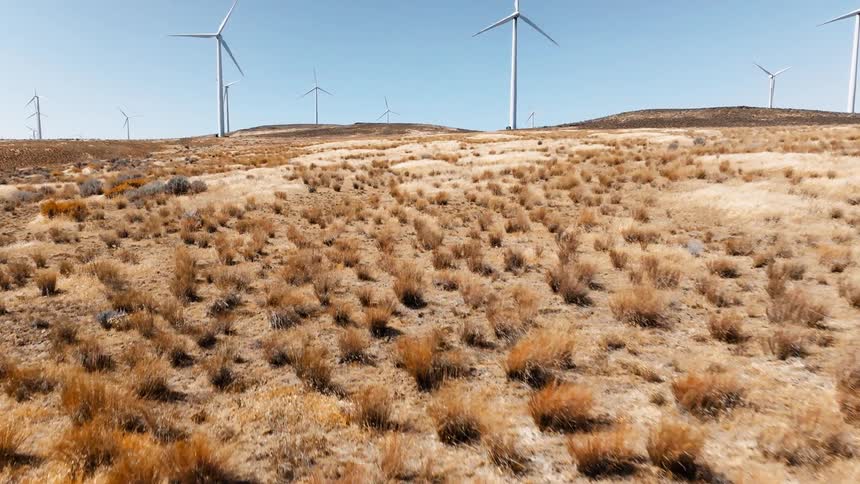 The windfarm has many windmills on the hills