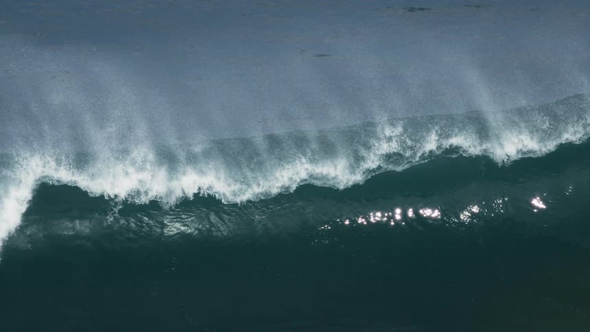 A huge water wave forms along an ocean surface during daytime
