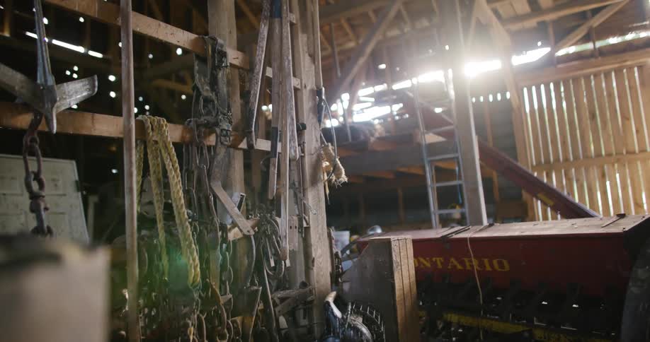 Sunlight streams through a rustic barn filled with farm tools