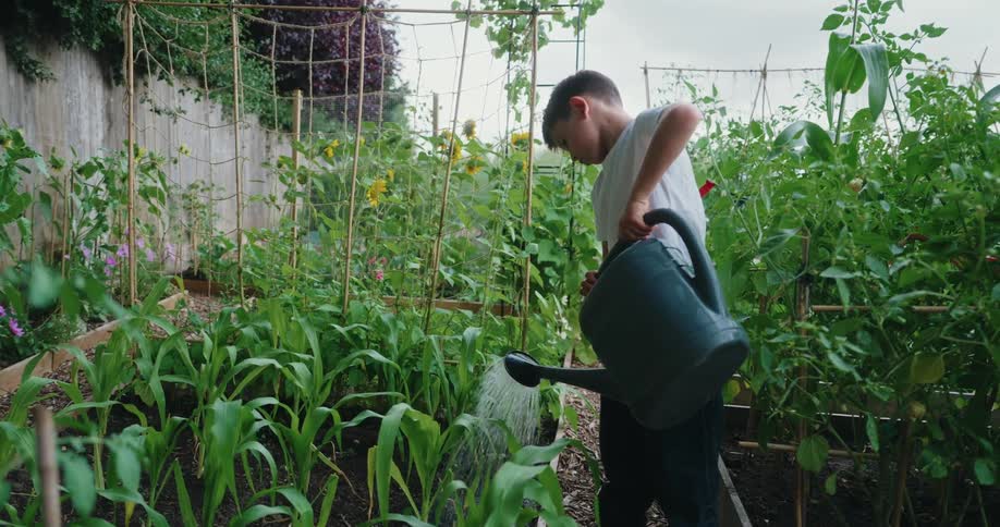 Boy waters the plants in the garden using a large watering can