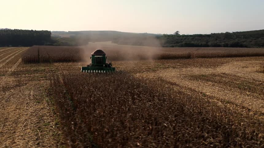 Combine harvester collects corn under hazy sky