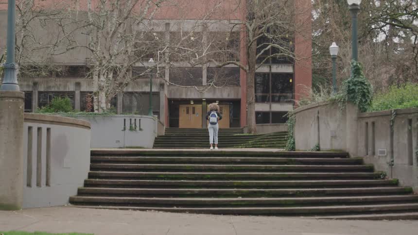 The video shows a person with a backpack walking up a wide mosscovered stone staircase towards a large brick building with bare trees on either side the architecture suggests a university or institutional setting