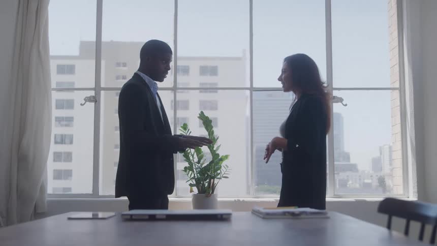 Two professionals in dark suits are engaged in an animated conversation in front of a large window with a potted plant between them and a city skyline visible in the background