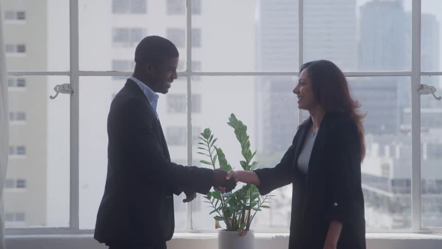 Two smiling people shaking hands in an office environment