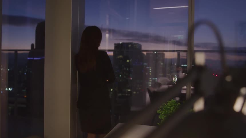 A woman standing by the window at the office