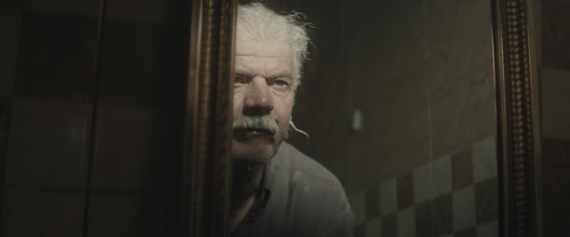 A man is looking into a mirror