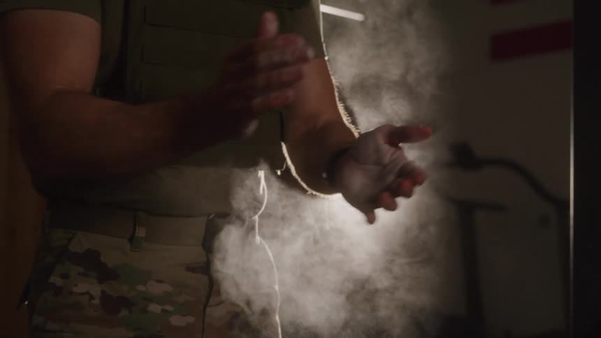 A person in a green shirt and camouflage pants claps their hands together releasing a cloud of white powder into the air with light shining through the dust against a dark background