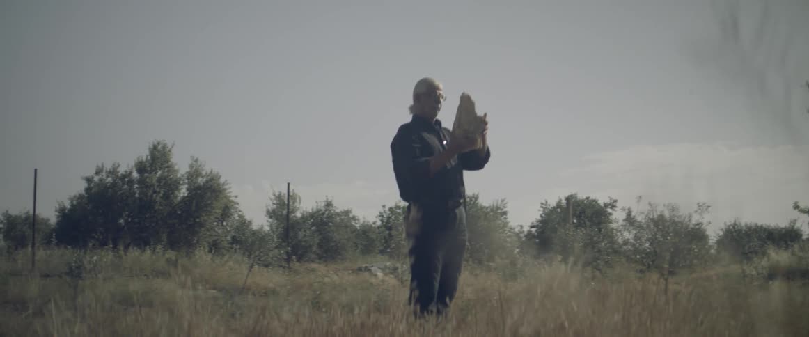 A man stands with a rock in a grassy field