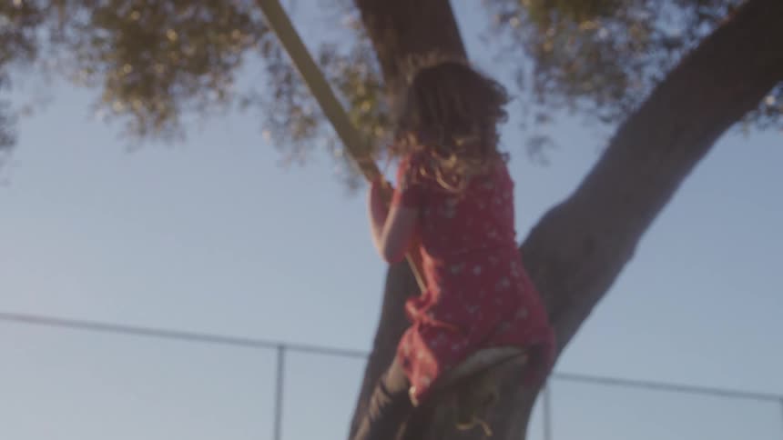 The girl swings high from the tree