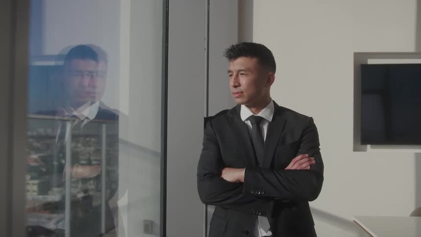 A man in a black suit and tie stands with his arms crossed looking out of a large window with a city reflection while a flatscreen tv is mounted on the wall behind him