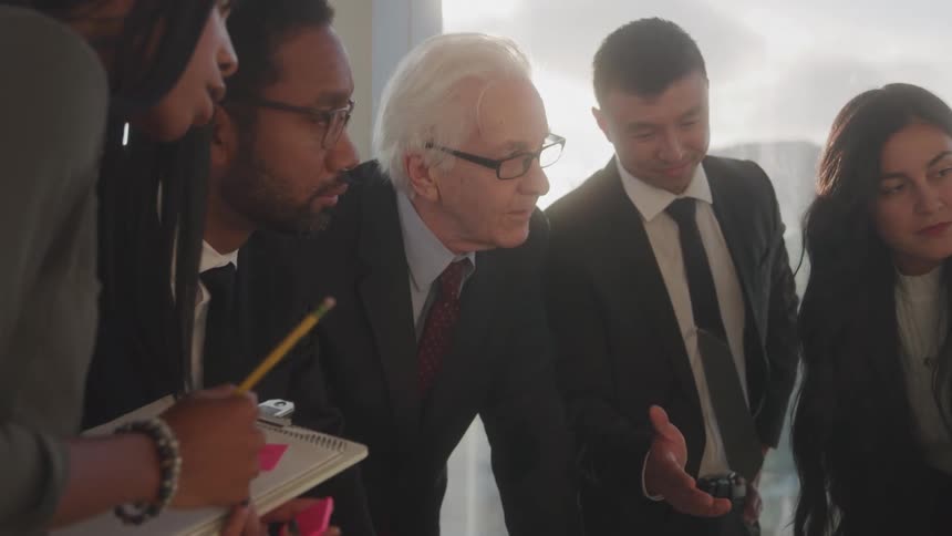 Five employees dressed in formal wear stand in a group as one takes notes