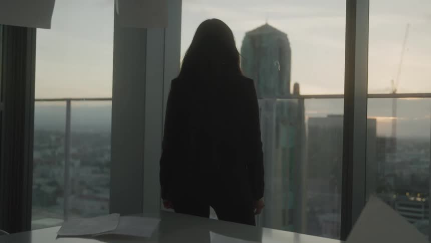A person in a dark suit stands with their back to the camera looking out of a tall buildings window at a city skyline with another skyscraper visible papers are seen flying around them in the room