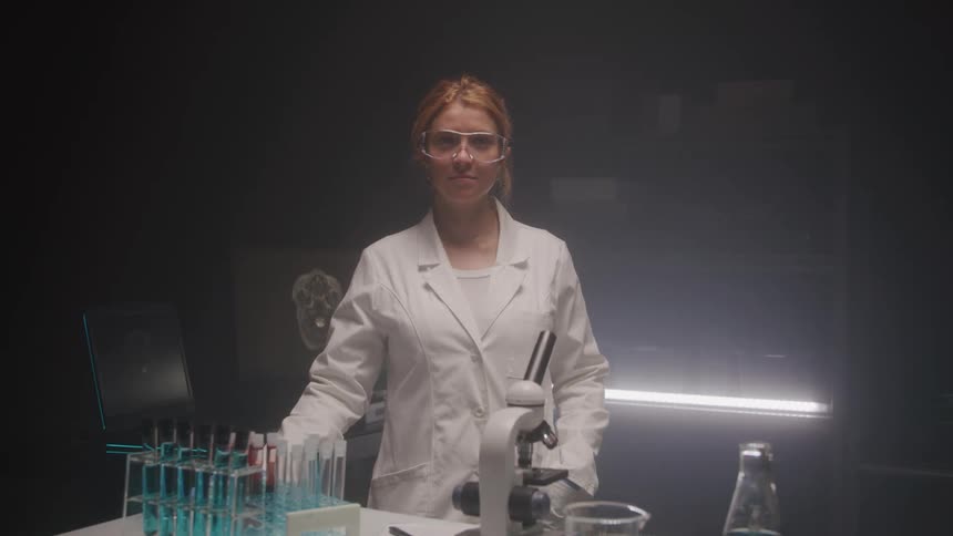 Female scientist stands at lab table facing camera