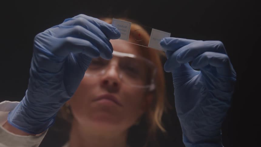 Close up of a female scientist examining a glass slide in the air in a lab