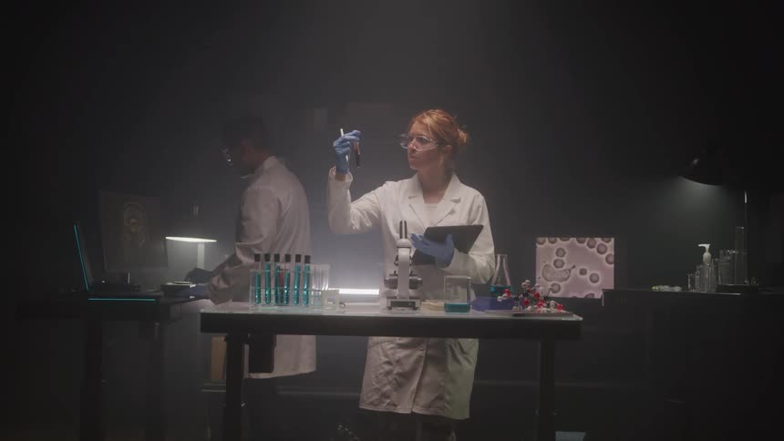 Woman and a man in lab coats working in a laboratory