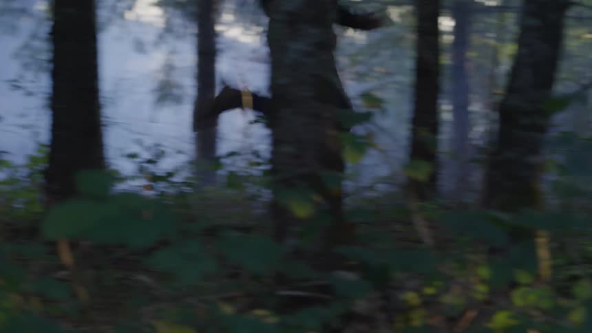 Legs of a person running in a forest