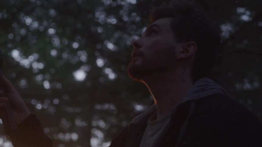 Man holds a flashlight while looking up at something in the forest at dusk
