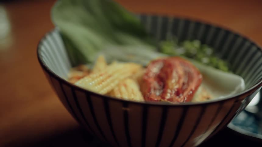 A bowl of food is on display in the restaurant
