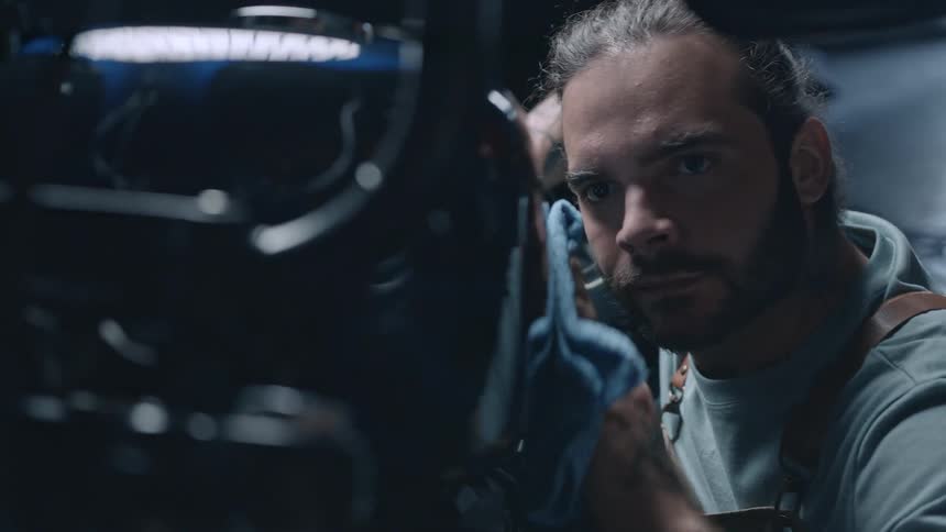The man is polishing the motorcycle with a rag