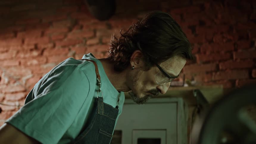 Close up of a man working at a worktop in a workshop during daytime