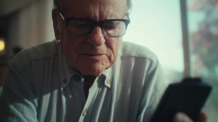 Elderly man does paperwork at home with the assistance of his smartphone