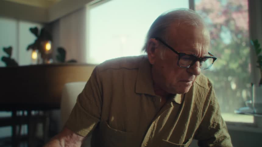 The man is examining something at home