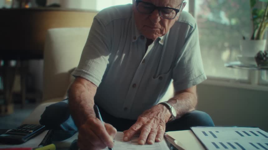 An elderly man fills a paper document on a table while sitting in a room during daytime