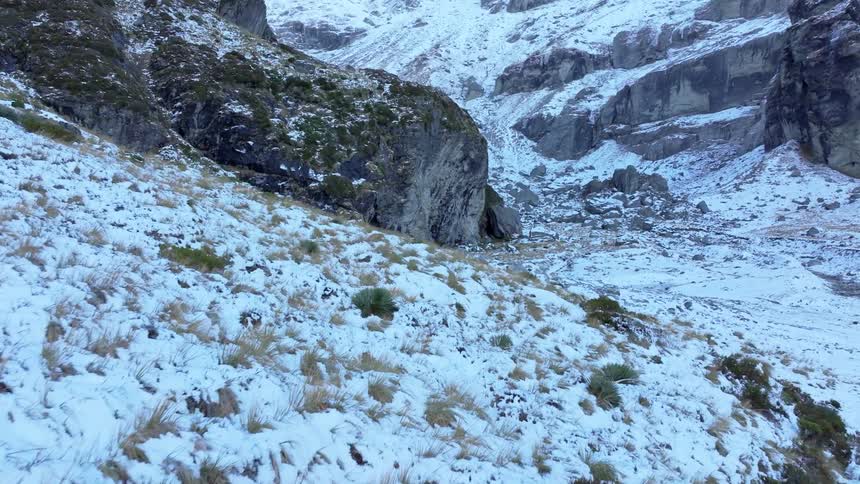 The video shows a snowcovered mountain landscape with a steep slope in the foreground dusted with white snow and interspersed with patches of dry lightcolored grass and darker green shrubs in the background towering rocky cliffs and mountains are al