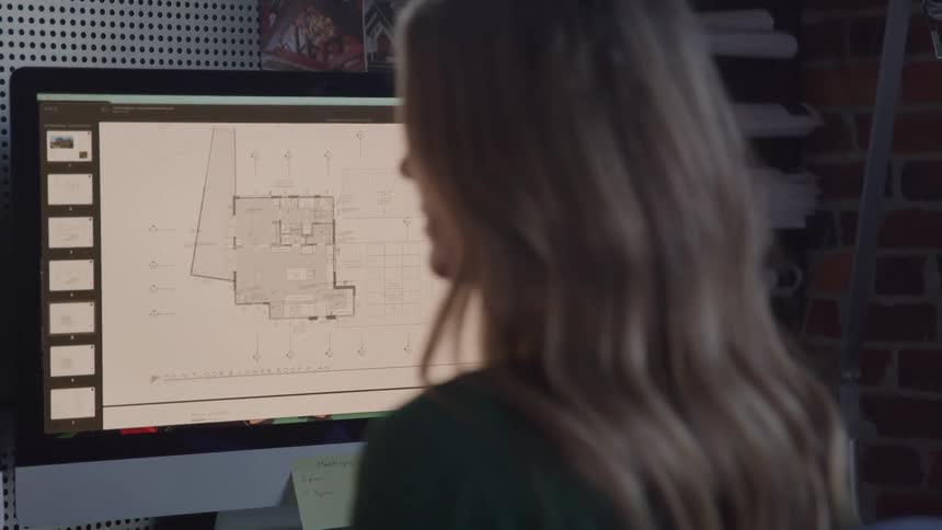 A woman with long blonde hair reviews architectural plans on a desktop computer while a sticky note is attached to the monitor and a brick wall is visible in the background