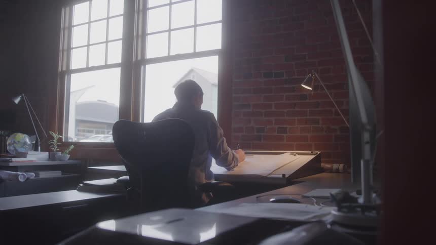 A man sketches at a drafting table in a warmly lit office with exposed brick and large windows overlooking rooftops