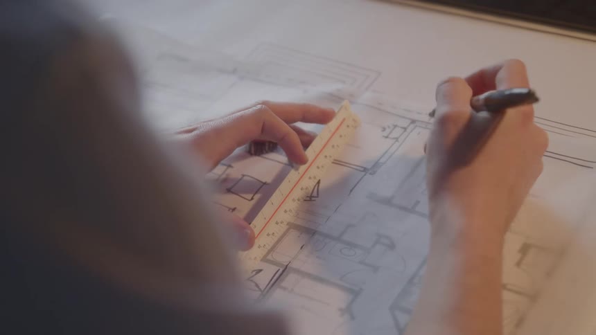 Close up of an architect finishing a building plan on paper indoors