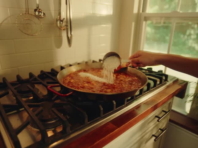 A person adds ingredients to a meal simmering on the stovetop