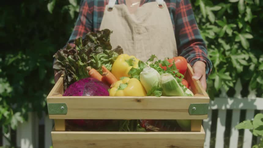 Woman wearing overalls holds a wooden crate full of fresh produce while standing near a picket fence on a sunny day