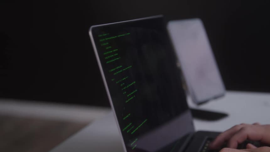 A person is seen typing on a laptop displaying green code on a dark screen indicating a programming or hacking activity in the blurred background another device possibly a smartphone or tablet is visible on a stand