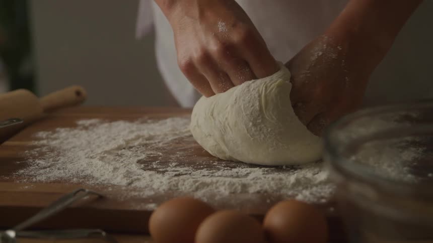 A persons hands are actively kneading a dough on a floured wooden surface with three brown eggs and a clear mixing bowl visible in the foreground the scene suggests a focused baking activity emphasizing the tactile process of dough preparation