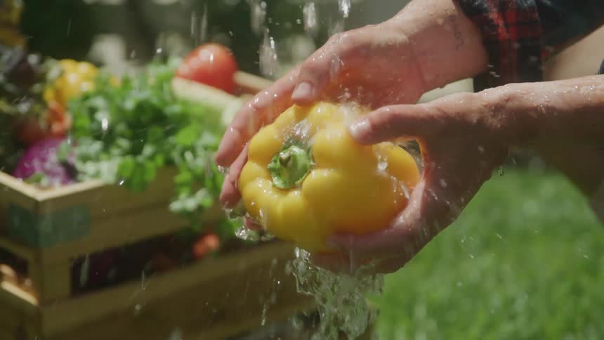A person washes a pepper
