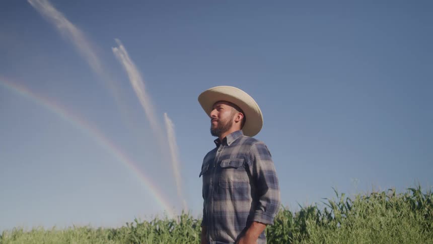 A farmer stands in a field smiling under a bright sky