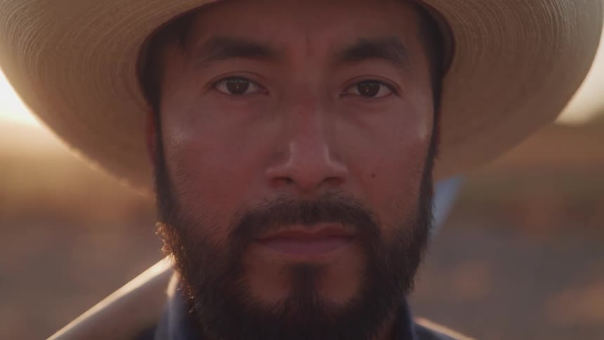 A male farmer wearing a straw hat looks directly at the camera with a serious expression as bright sunlight flares around his head in an outdoor setting