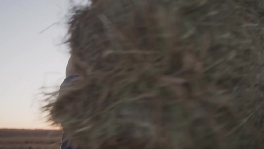 A man stacks hay into a truck at midday