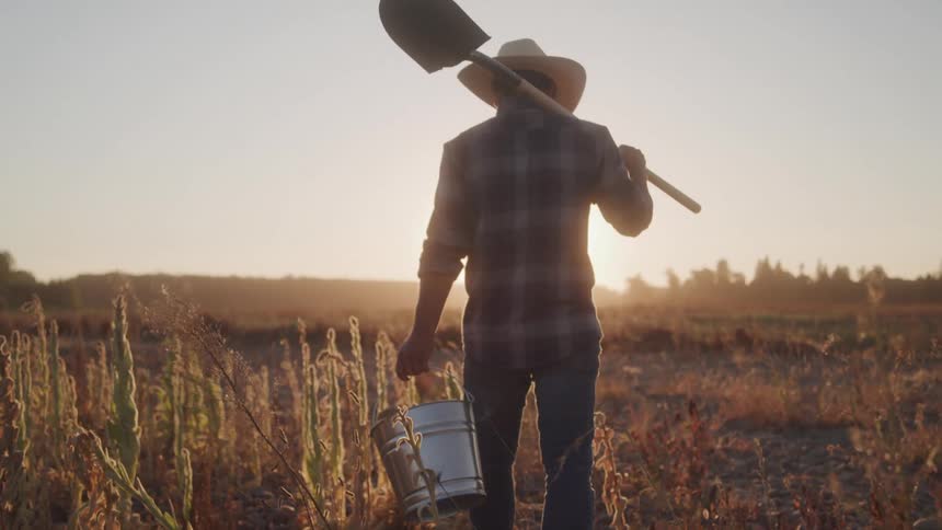 A male farmer wearing a plaid shirt and a cowboy hat walks away from the camera through a dry field at sunset carrying a shovel over his shoulder and a metal bucket in his hand
