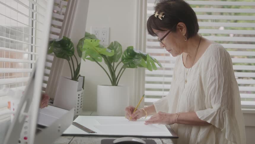 A woman writes at a desk in a bright home office