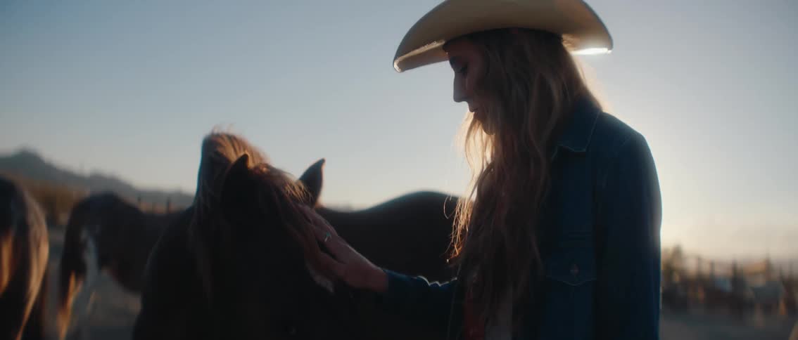 A person in a cowboy hat is seen petting a horse with long flowing hair and a gentle touch in a warm sunlit environment the scene is filled with natural light creating a serene and rustic atmosphere