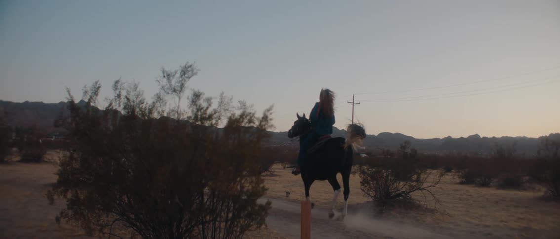Woman riding a horse in a field with mountains in the background