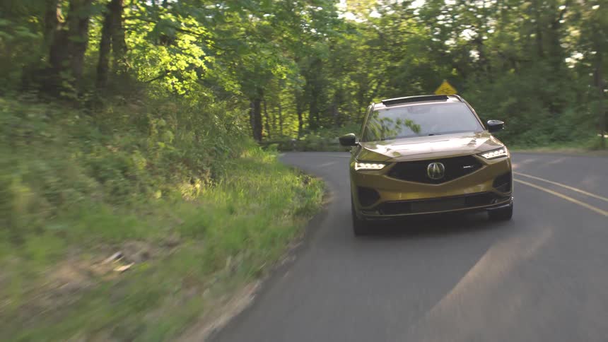 A golden colored suv with its headlights on drives down a winding asphalt road with a double yellow line passing by a dense forest of green trees009