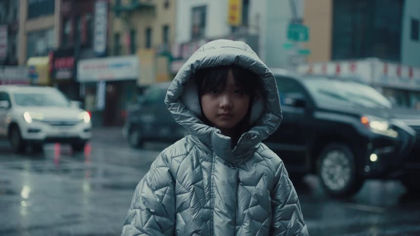 Little girl in gray jacket on the street with cars in the background