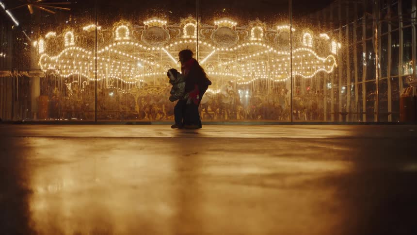 Woman with a child playing in an amusement park at night