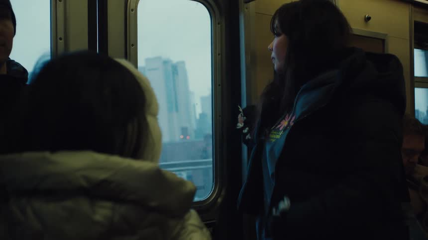 A teenage girl wearing a winter jacket stands inside a moving train staring at the city at midday