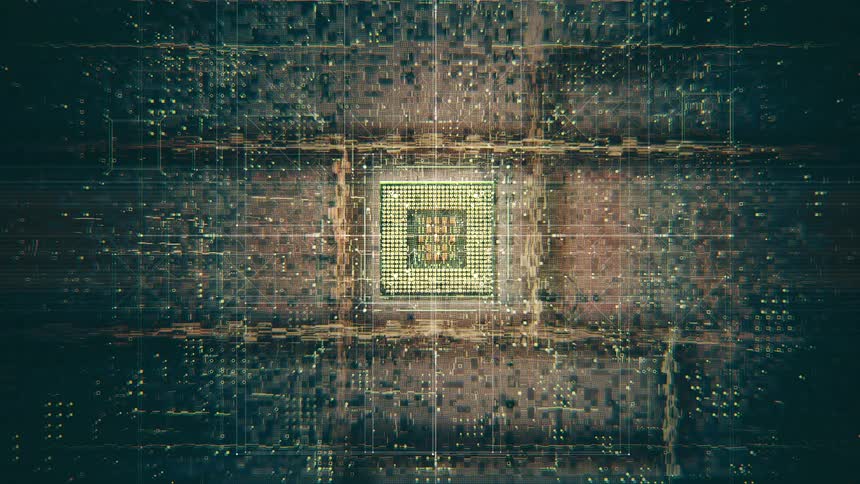 Abstract digital representation of an electronic chip in central perspective