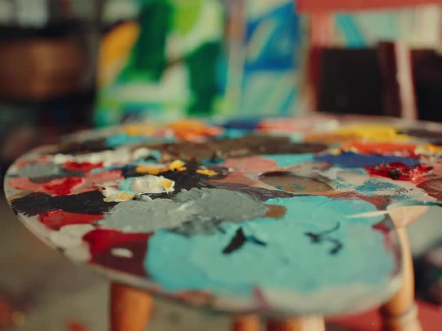 A closeup shot of a wooden painters palette shows a variety of thick colorful paint blobs the paint looks textured and wellused suggesting it has been used for many paintings